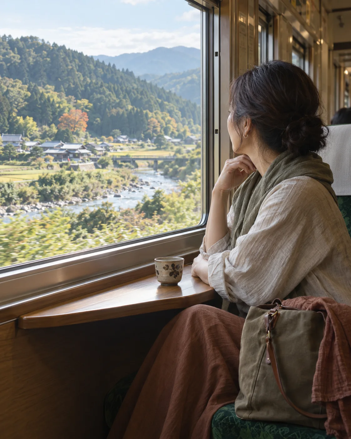 里山を走る列車の車窓を眺める女性